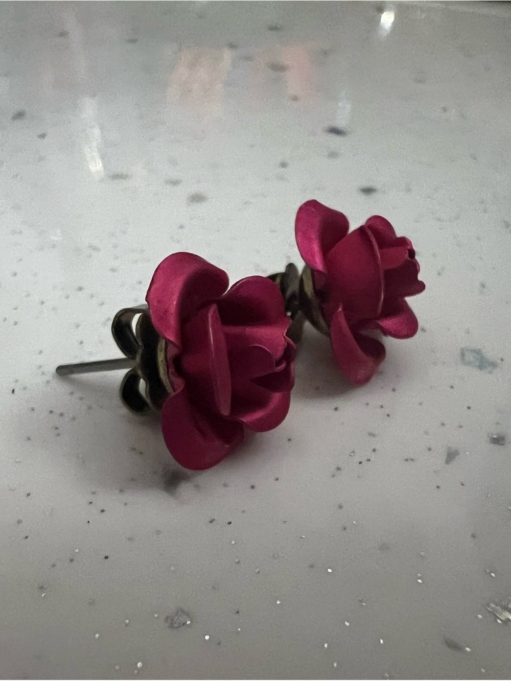 Pink Rose Stud Earrings - Floral Metal Flower Earrings